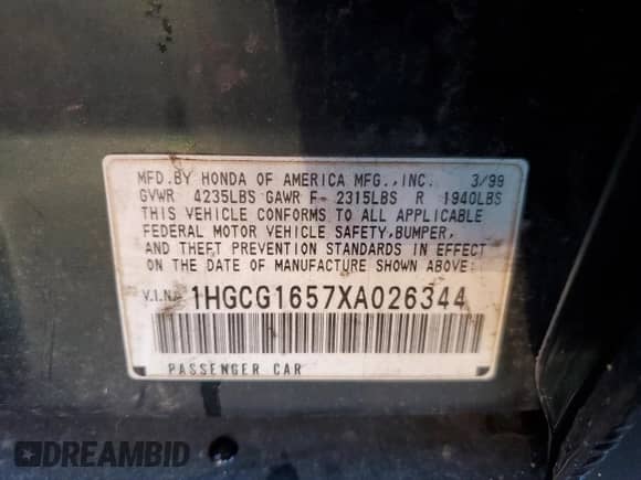 1999 Honda Accord EX with VIN 1HGCG1657XA026344, listed as a Copart auction lot 82601025 with Not provided miles and Salvage title. Bid and sale history available at DreamBid. Image 12.