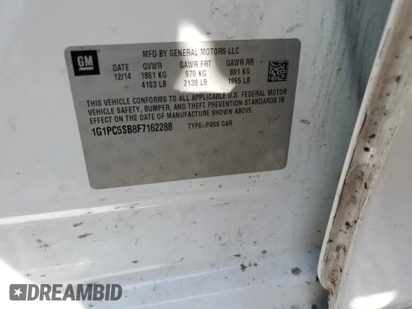 ✅ 2015 Chevrolet Cruze LT • VIN: 1G1PC5SB8F7162288 • Lot: 41953883. Listed on Copart with 110,285 mi. Free auction sales archive from the USA and detailed vehicle history report at DreamBid. Image 14.