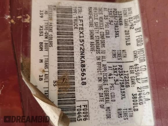 ✅ 1992 Ford F-150 S • VIN: 1FTEX15Y2NKA85618 • Lot: 59174635. Wystawiony na Copart z przebiegiem 269 186 mil. Bezpłatny archiwum sprzedaży aukcyjnych z USA i szczegółowy raport historii pojazdu na DreamBid. Zdjęcie 12.