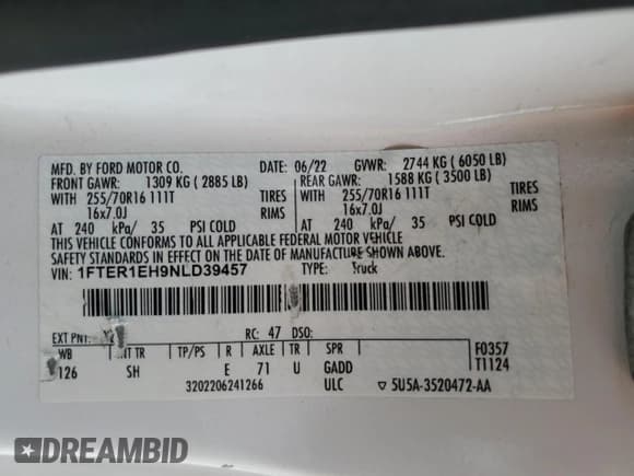 ✅ 2022 Ford Ranger XL • VIN: 1FTER1EH9NLD39457 • Lot: 81117035. Listed on Copart with 186,897 mi. Free auction sales archive from the USA and detailed vehicle history report at DreamBid. Image 12.