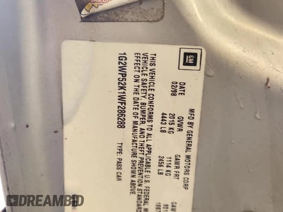 ✅ 1998 Pontiac Grand Prix GT • VIN: 1G2WP52K1WF286288 • Лот: 81110115. Опубликован ранее на Copart с пробегом 137 539 миль. Бесплатный доступ к архиву аукционных продаж из США и подробный отчёт об истории автомобиля на DreamBid. Изображение 12.