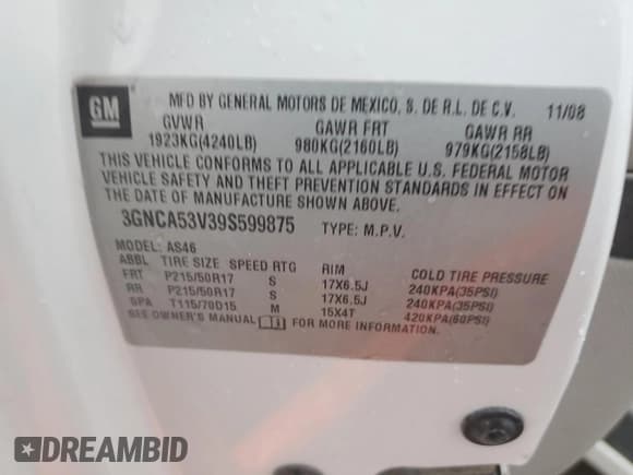 ✅ 2009 Chevrolet HHR 2LT • VIN: 3GNCA53V39S599875 • Lot: 81228404. Listed on Copart with 174,944 mi. Free auction sales archive from the USA and detailed vehicle history report at DreamBid. Image 12.