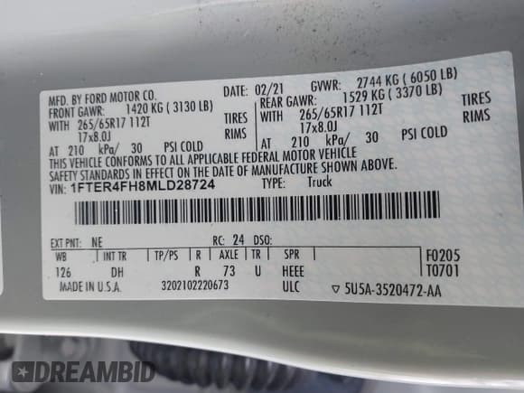 ✅ 2021 Ford Ranger XL • VIN: 1FTER4FH8MLD28724 • Lot: 41736352. Listed on IAAI with 37,860 mi. Free auction sales archive from the USA and detailed vehicle history report at DreamBid. Image 9.