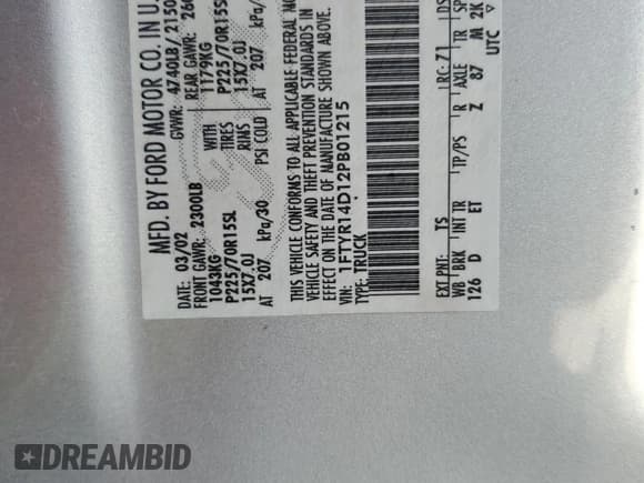 ✅ 2002 Ford Ranger XL • VIN: 1FTYR14D12PB01215 • Lot: 83826185. Listed on Copart with 196,572 mi. Free auction sales archive from the USA and detailed vehicle history report at DreamBid. Image 12.