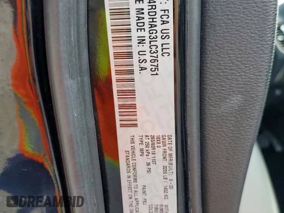 2020 Dodge Durango SXT with VIN 1C4RDHAG3LC376751, listed as a Copart auction lot 68504855 with 75,723 mi miles and Clean title. Bid and sale history available at DreamBid. Image 14.