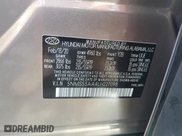 ✅ 2020 Hyundai Santa Fe Limited • VIN: 5NMS53AA4LH227098 • Lot: 73844324. Wystawiony na Copart z przebiegiem 47 260 mil. Bezpłatny archiwum sprzedaży aukcyjnych z USA i szczegółowy raport historii pojazdu na DreamBid. Zdjęcie 13.