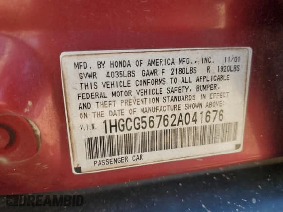 ✅ 2002 Honda Accord SE • VIN: 1HGCG56762A041676 • Lot: 71987685. Listed on Copart with 259,209 mi. Free auction sales archive from the USA and detailed vehicle history report at DreamBid. Image 13.