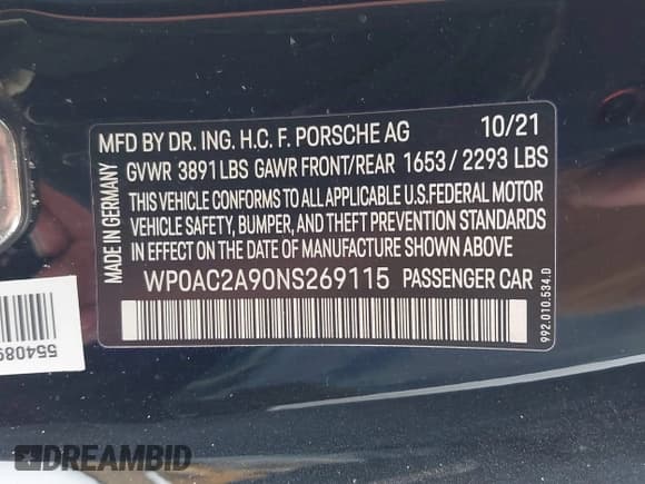 ✅ 2022 Porsche 911 GT3 • VIN: WP0AC2A90NS269115 • Lot: 41069968. Wystawiony na IAAI z przebiegiem 10 168 mil. Bezpłatny archiwum sprzedaży aukcyjnych z USA i szczegółowy raport historii pojazdu na DreamBid. Zdjęcie 9.