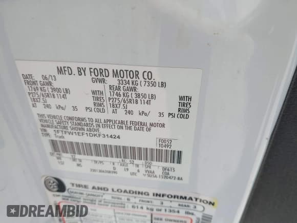 ✅ 2013 Ford F-150 XL • VIN: 1FTFW1EF1DKF31424 • Lot: 42924829. Listed on IAAI with 160,205 mi. Free auction sales archive from the USA and detailed vehicle history report at DreamBid. Image 9.