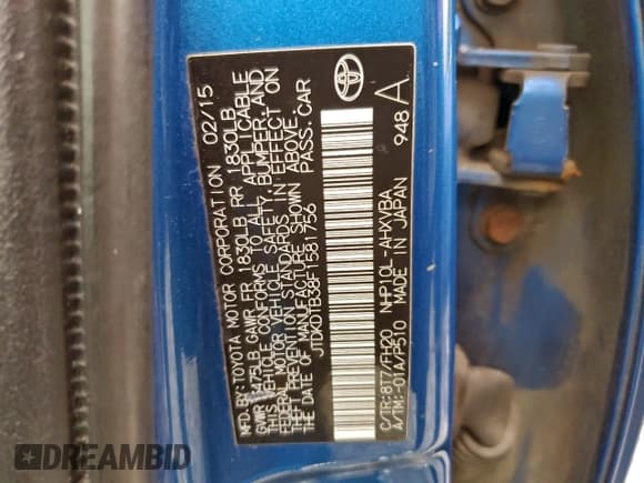 ✅ 2015 Toyota Prius One • VIN: JTDKDTB38F1581756 • Lot: 94635065. Listed on Copart with 254,272 mi. Free auction sales archive from the USA and detailed vehicle history report at DreamBid. Image 12.