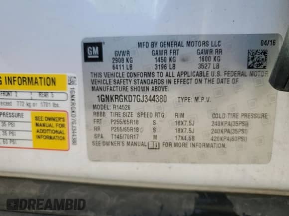 ✅ 2016 Chevrolet Traverse LT • VIN: 1GNKRGKD7GJ344380 • Lot: 81057905. Listed on Copart with 185,071 mi. Free auction sales archive from the USA and detailed vehicle history report at DreamBid. Image 13.