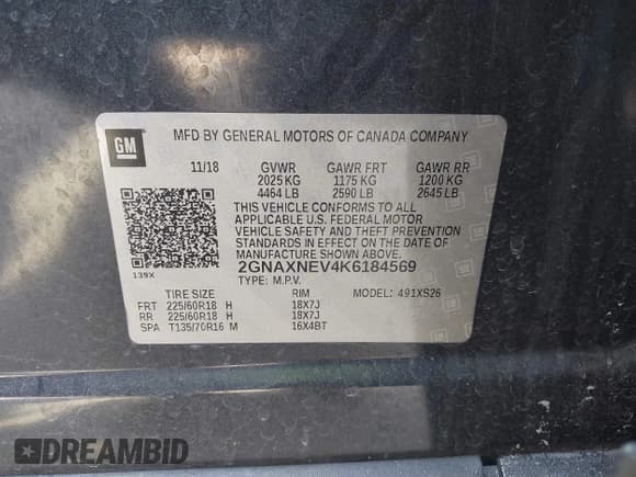 ✅ 2019 Chevrolet Equinox Premier • VIN: 2GNAXNEV4K6184569 • Lot: 42670537. Listed on IAAI with 163,594 mi. Free auction sales archive from the USA and detailed vehicle history report at DreamBid. Image 9.