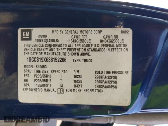 ✅ 2003 Chevrolet S-10 LS • VIN: 1GCCS19X638152206 • Лот: 41464663. Опубликован ранее на IAAI с пробегом 123 231 миль. Бесплатный доступ к архиву аукционных продаж из США и подробный отчёт об истории автомобиля на DreamBid. Изображение 9.