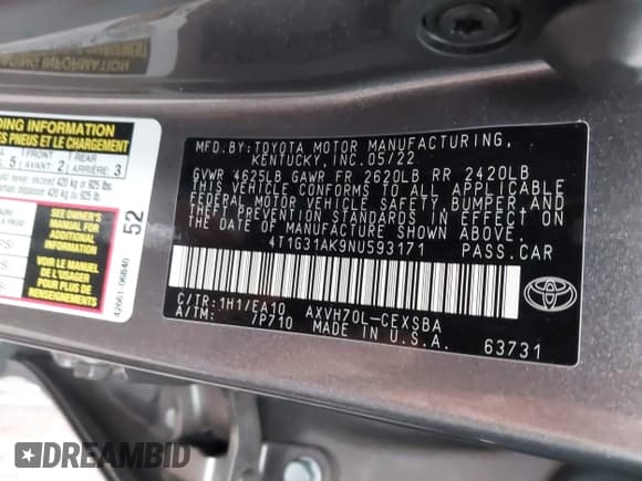 ✅ 2022 Toyota Camry Hybrid SE • VIN: 4T1G31AK9NU593171 • Лот: 43394912. Опубликован ранее на IAAI с пробегом 175 318 миль. Бесплатный доступ к архиву аукционных продаж из США и подробный отчёт об истории автомобиля на DreamBid. Изображение 9.