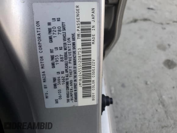 ✅ 2003 Mazda Protege • VIN: JM1BJ245531208753 • Lot: 83954435. Listed on Copart with 122,561 mi. Free auction sales archive from the USA and detailed vehicle history report at DreamBid. Image 12.