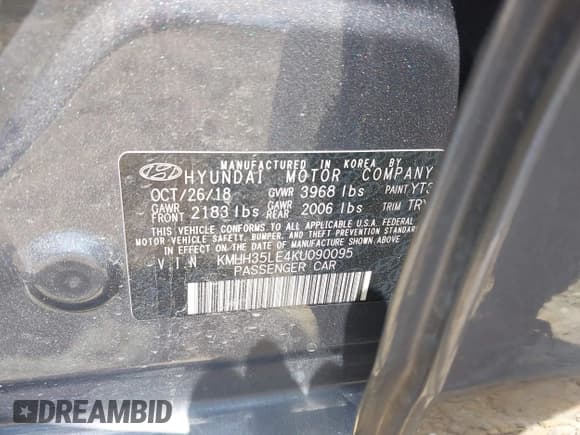 ✅ 2019 Hyundai Elantra • VIN: KMHH35LE4KU090095 • Lot: 42128034. Listed on IAAI with 160,489 mi. Free auction sales archive from the USA and detailed vehicle history report at DreamBid. Image 9.