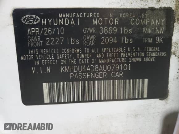 2010 Hyundai Elantra GLS z VIN KMHDU4AD8AU079101, wystawiony jako Copart lot #66076254 z przebiegiem Nie podano mil oraz Szkoda całkowita • Salvage title. Historia ofert i sprzedaży dostępna na DreamBid. Obrazek 13.