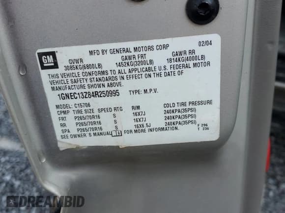 ✅ 2004 Chevrolet Tahoe LS • VIN: 1GNEC13Z84R250995 • Lot: 70758215. Listed on Copart with 205,024 mi. Free auction sales archive from the USA and detailed vehicle history report at DreamBid. Image 13.