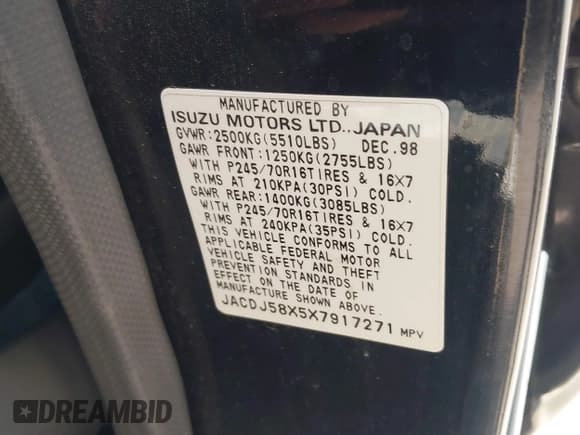 ✅ 1999 Isuzu Trooper S • VIN: JACDJ58X5X7917271 • Lot: 42308643. Listed on IAAI with 216,163 mi. Free auction sales archive from the USA and detailed vehicle history report at DreamBid. Image 9.