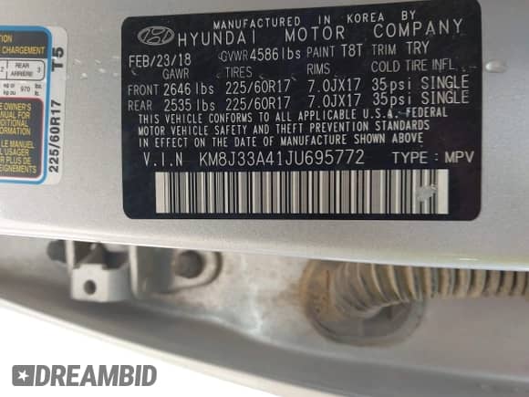 2018 Hyundai Tucson SEL z VIN KM8J33A41JU695772, wystawiony jako IAAI lot #43318562 z przebiegiem 104 982 mil mil oraz . Historia ofert i sprzedaży dostępna na DreamBid. Obrazek 9.