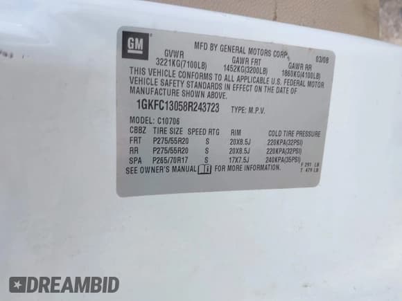 ✅ 2008 GMC Yukon SLT 4SB • VIN: 1GKFC13058R243723 • Lot: 42173753. Listed on IAAI with 292,132 mi. Free auction sales archive from the USA and detailed vehicle history report at DreamBid. Image 9.