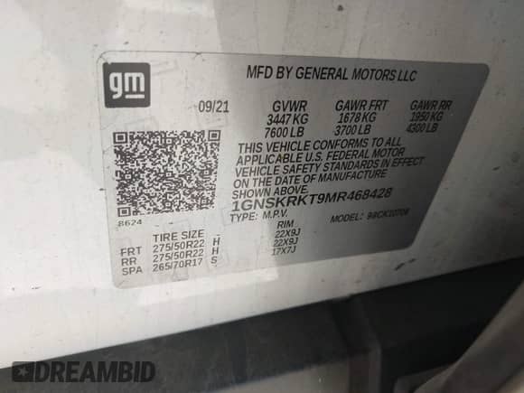 2021 Chevrolet Tahoe RST with VIN 1GNSKRKT9MR468428, listed as a IAAI auction lot 42832340 with Not provided miles and . Bid and sale history available at DreamBid. Image 9.