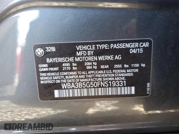 ✅ 2015 BMW 3 Series 328i xDrive • VIN: WBA3B5G50FNS19331 • Lot: 85762075. Listed on Copart with 124,215 mi. Free auction sales archive from the USA and detailed vehicle history report at DreamBid. Image 12.