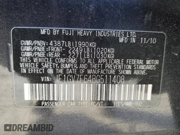 ✅ 2011 Subaru WRX WRX Premium • VIN: JF1GV7F64BG511408 • Lot: 41869845. Listed on Copart with 127,684 mi. Free auction sales archive from the USA and detailed vehicle history report at DreamBid. Image 15.