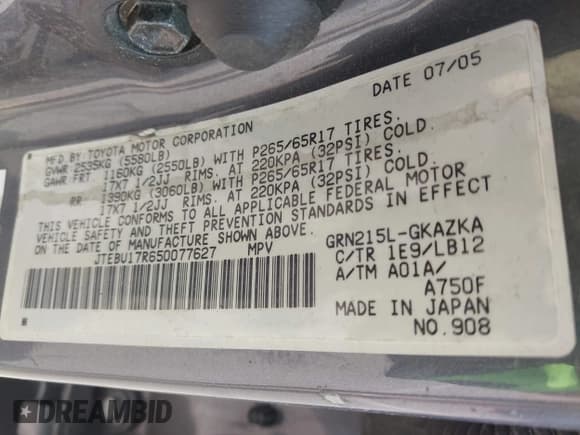 ✅ 2005 Toyota 4Runner Limited • VIN: JTEBU17R650077627 • Lot: 42828937. Wystawiony na IAAI z przebiegiem Nie podano. Bezpłatny archiwum sprzedaży aukcyjnych z USA i szczegółowy raport historii pojazdu na DreamBid. Zdjęcie 9.