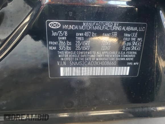 2019 Hyundai Santa Fe SE with VIN 5NMS2CAD2KH008660, listed as a Copart auction lot 89726155 with 76,060 mi miles and Salvage title. Bid and sale history available at DreamBid. Image 14.