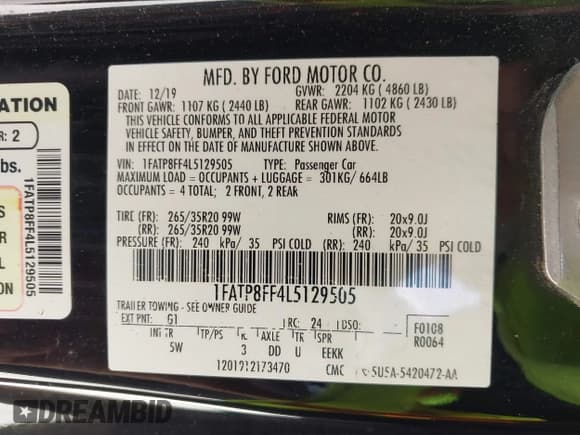 ✅ 2020 Ford Mustang GT Premium • VIN: 1FATP8FF4L5129505 • Lot: 42764478. Listed on IAAI with 71,197 mi. Free auction sales archive from the USA and detailed vehicle history report at DreamBid. Image 9.