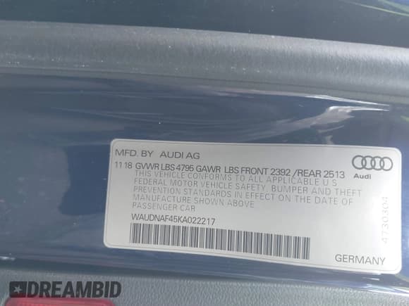 ✅ 2019 Audi A4 Premium • VIN: WAUDNAF45KA022217 • Lot: 41676558. Listed on IAAI with 62,881 mi. Free auction sales archive from the USA and detailed vehicle history report at DreamBid. Image 9.