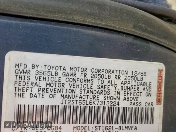 ✅ 1989 Toyota Celica • VIN: JT2ST65L6K7313224 • Lot: 81237785. Listed on Copart with 128,504 mi. Free auction sales archive from the USA and detailed vehicle history report at DreamBid. Image 12.