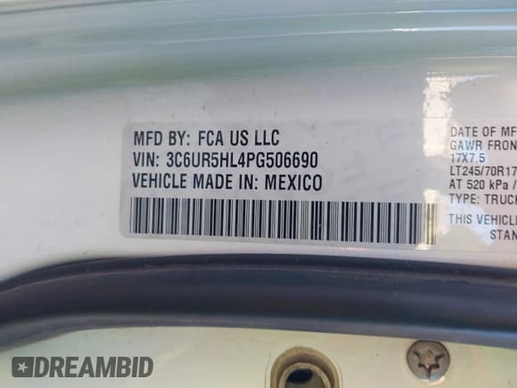 ✅ 2023 Ram 2500 Tradesman • VIN: 3C6UR5HL4PG506690 • Lot: 41065565. Listed on IAAI with 72,435 mi. Free auction sales archive from the USA and detailed vehicle history report at DreamBid. Image 9.