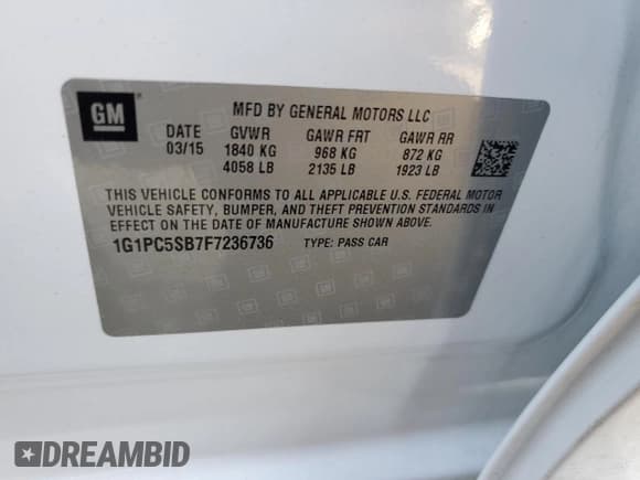 ✅ 2015 Chevrolet Cruze LT • VIN: 1G1PC5SB7F7236736 • Lot: 84290045. Listed on Copart with 61,371 mi. Free auction sales archive from the USA and detailed vehicle history report at DreamBid. Image 12.