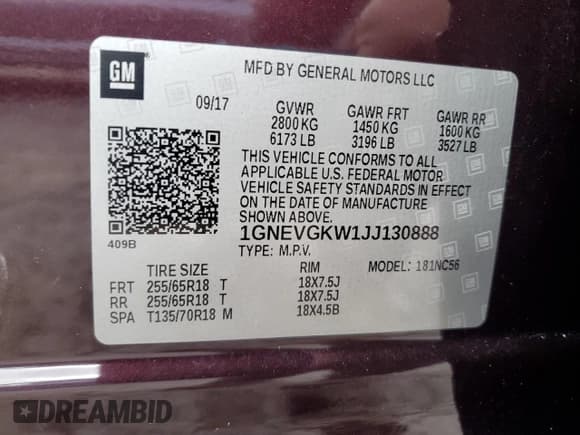 ✅ 2018 Chevrolet Traverse LT Cloth • VIN: 1GNEVGKW1JJ130888 • Lot: 92408175. Listed on Copart with 205,334 mi. Free auction sales archive from the USA and detailed vehicle history report at DreamBid. Image 13.