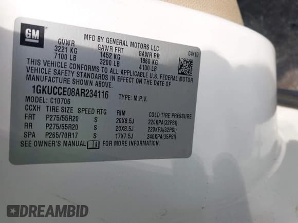 ✅ 2010 GMC Yukon SLT • VIN: 1GKUCCE08AR234116 • Lot: 42481252. Listed on IAAI with 249,226 mi. Free auction sales archive from the USA and detailed vehicle history report at DreamBid. Image 9.