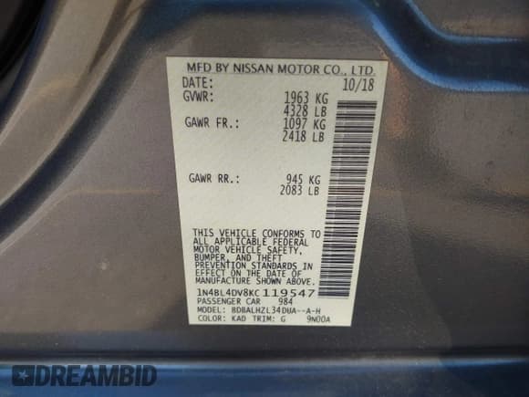 ✅ 2019 Nissan Altima SV • VIN: 1N4BL4DV8KC119547 • Lot: 43621027. Wystawiony na IAAI z przebiegiem 53 360 mil. Bezpłatny archiwum sprzedaży aukcyjnych z USA i szczegółowy raport historii pojazdu na DreamBid. Zdjęcie 9.