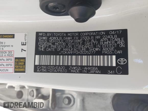 ✅ 2017 Toyota Prius Advanced • VIN: JTDKARFP0H3025277 • Lot: 43606179. Listed on IAAI with 93,334 mi. Free auction sales archive from the USA and detailed vehicle history report at DreamBid. Image 9.