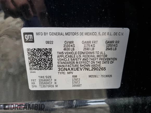 2022 Chevrolet Equinox LT с VIN 3GNAXUEV7NL290265, выставлен на аукционе Copart как лот 68027275 с пробегом 52 357 миль миль и Списание • Salvage title. История ставок и продаж доступна на DreamBid. Изображение 12.