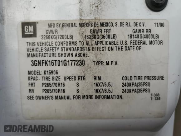 ✅ 2001 Chevrolet Suburban LT • VIN: 3GNFK16T01G177230 • Лот: 84570004. Опубликован ранее на Copart с пробегом 261 128 миль. Бесплатный доступ к архиву аукционных продаж из США и подробный отчёт об истории автомобиля на DreamBid. Изображение 15.