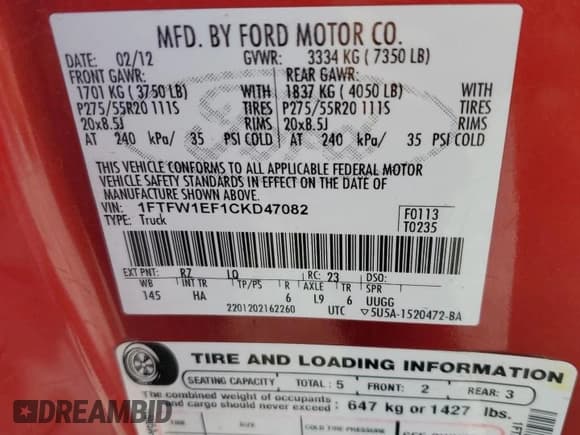 ✅ 2012 Ford F-150 XL • VIN: 1FTFW1EF1CKD47082 • Lot: 70848305. Listed on Copart with 270,352 mi. Free auction sales archive from the USA and detailed vehicle history report at DreamBid. Image 12.