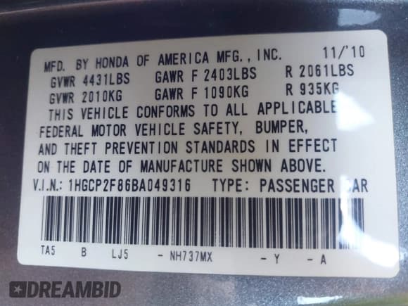 ✅ 2011 Honda Accord EX-L • VIN: 1HGCP2F86BA049316 • Lot: 43431218. Listed on IAAI with 141,773 mi. Free auction sales archive from the USA and detailed vehicle history report at DreamBid. Image 9.