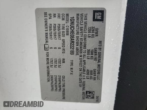 ✅ 2010 Chevrolet Suburban LS • VIN: 1GNUCHE08AR222189 • Lot: 48081244. Wystawiony na Copart z przebiegiem 201 258 mil. Bezpłatny archiwum sprzedaży aukcyjnych z USA i szczegółowy raport historii pojazdu na DreamBid. Zdjęcie 13.