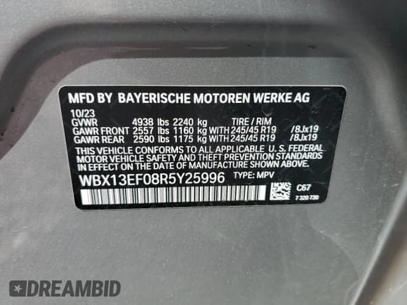 ✅ 2024 BMW X1 • VIN: WBX13EF08R5Y25996 • Lot: 52073915. Wystawiony na Copart z przebiegiem 34 591 mil. Bezpłatny archiwum sprzedaży aukcyjnych z USA i szczegółowy raport historii pojazdu na DreamBid. Zdjęcie 14.