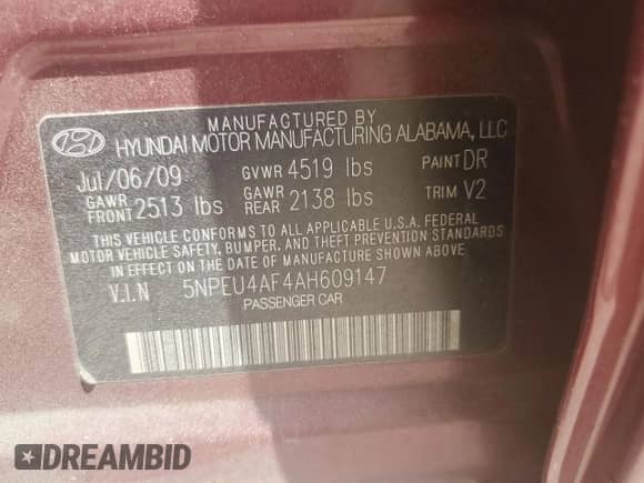 ✅ 2010 Hyundai Sonata Limited • VIN: 5NPEU4AF4AH609147 • Lot: 65643174. Listed on Copart with 134,229 mi miles. Access the free auction sales archive from the USA and view a detailed vehicle history report at DreamBid. Image 12.