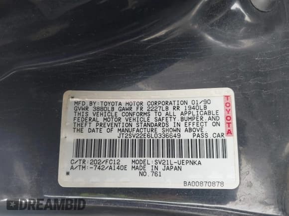 ✅ 1990 Toyota Camry LE • VIN: JT2SV22E6L0336649 • Lot: 43580196. Listed on IAAI with 171,716 mi. Free auction sales archive from the USA and detailed vehicle history report at DreamBid. Image 9.