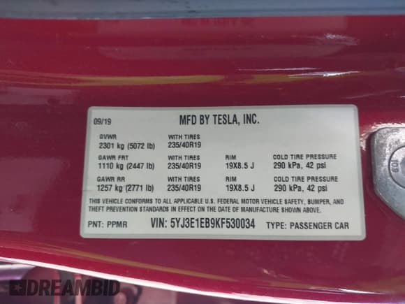 ✅ 2019 Tesla Model 3 Long Range • VIN: 5YJ3E1EB9KF530034 • Lot: 43293287. Wystawiony na IAAI z przebiegiem 60 505 mil. Bezpłatny archiwum sprzedaży aukcyjnych z USA i szczegółowy raport historii pojazdu na DreamBid. Zdjęcie 9.