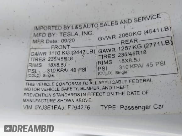 ✅ 2020 Tesla Model 3 Standard Range Plus • VIN: 5YJ3E1EA3LF794276 • Lot: 42390409. Wystawiony na IAAI z przebiegiem 51 924 mil. Bezpłatny archiwum sprzedaży aukcyjnych z USA i szczegółowy raport historii pojazdu na DreamBid. Zdjęcie 9.