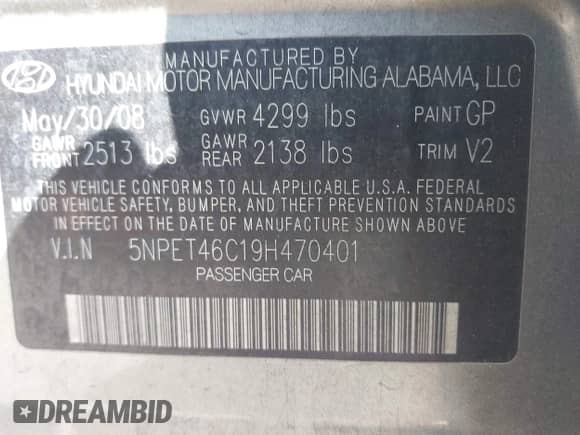 2009 Hyundai Sonata GLS with VIN 5NPET46C19H470401, listed as a IAAI auction lot 43589911 with 84,360 mi miles and . Bid and sale history available at DreamBid. Image 9.